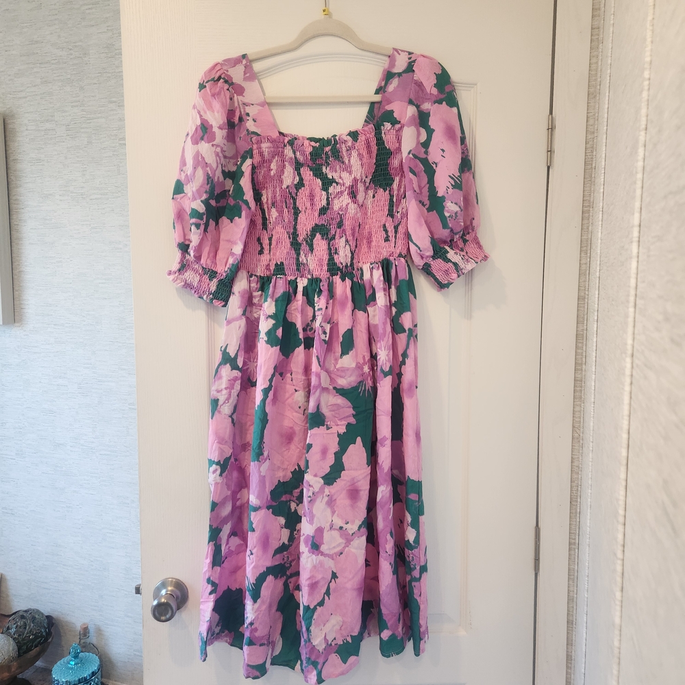 ODDY Pink and Green Floral Midi Dress Size M BNWT